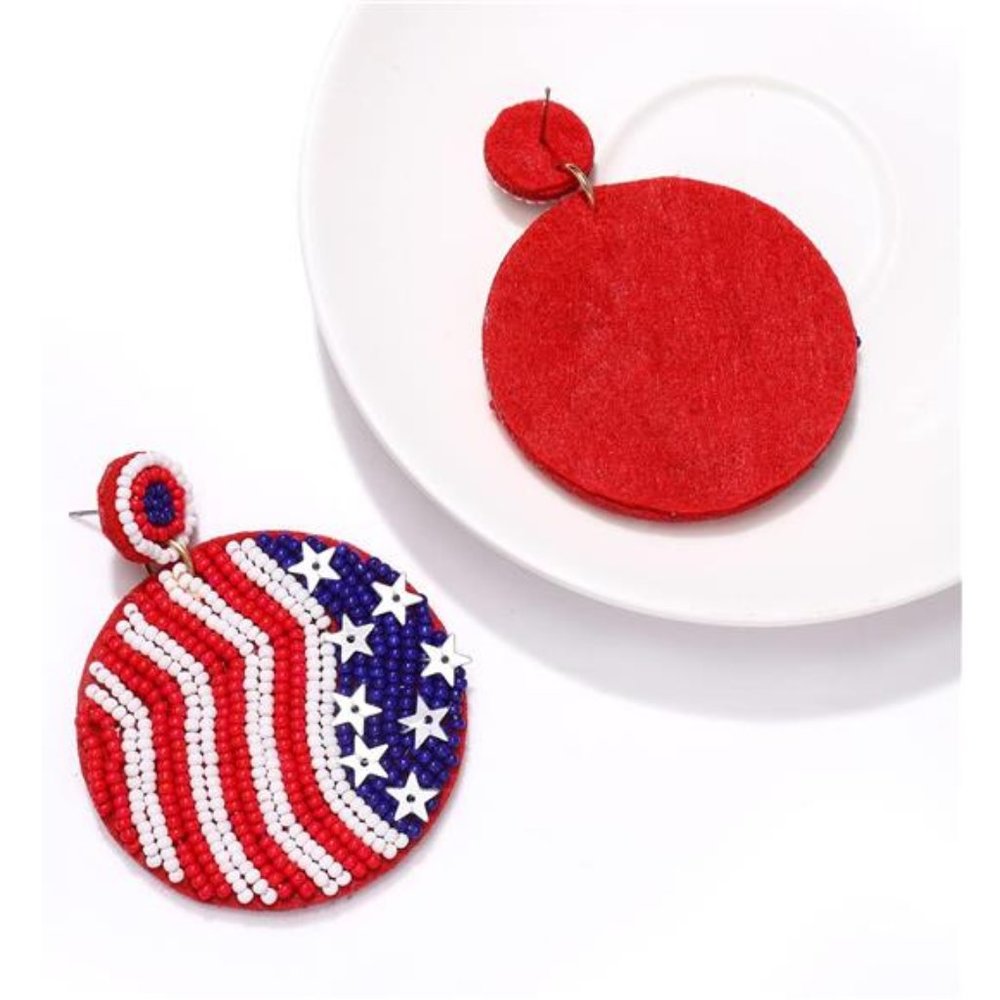 Patriotic 4th of July Earrings Handmade Flag Beaded Drop Earrings Red White Blue - Picture 2 of 8